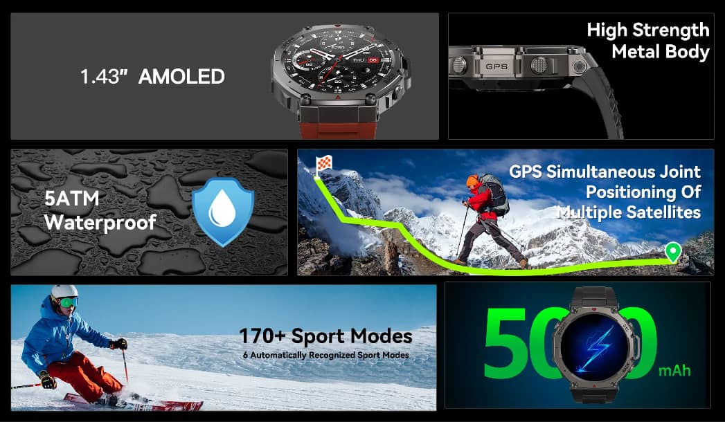 Montre Connectée – GPS Sport, Fréquence Cardiaque, Oxygène, Appels Bluetooth, Écran AMOLED 1.43", Étanche 5ATM
