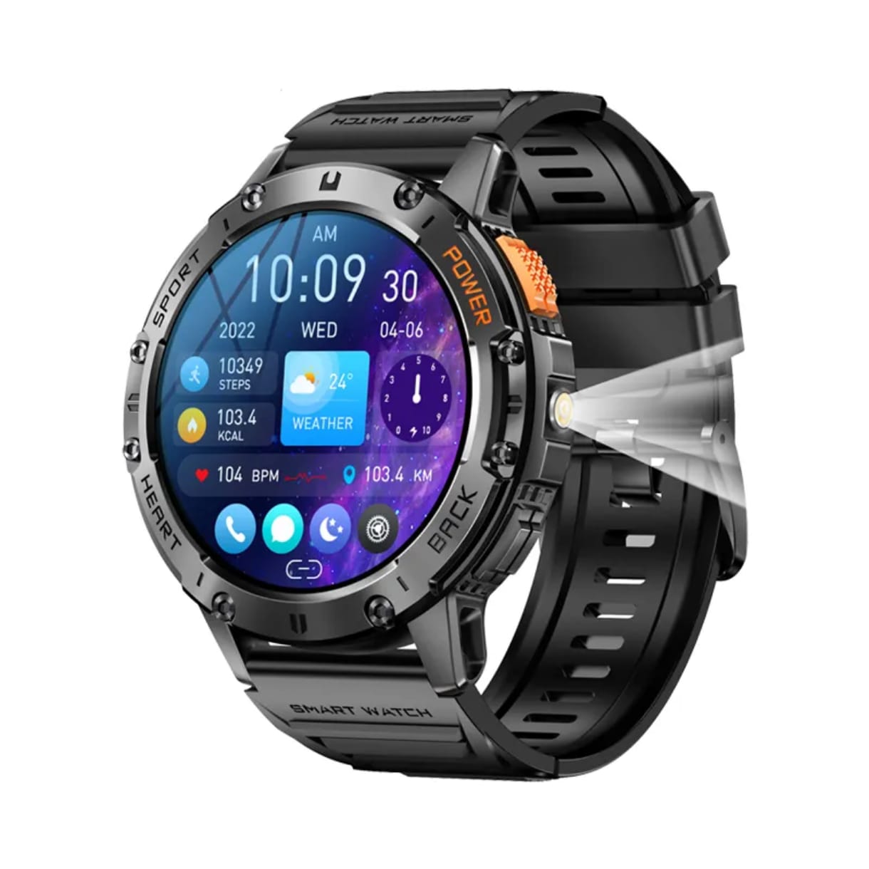 Montre Connectée Extérieure K65 – Écran AMOLED 1.43'', Lampe LED, Appels Bluetooth, Étanche, Style Sport, 530mAh