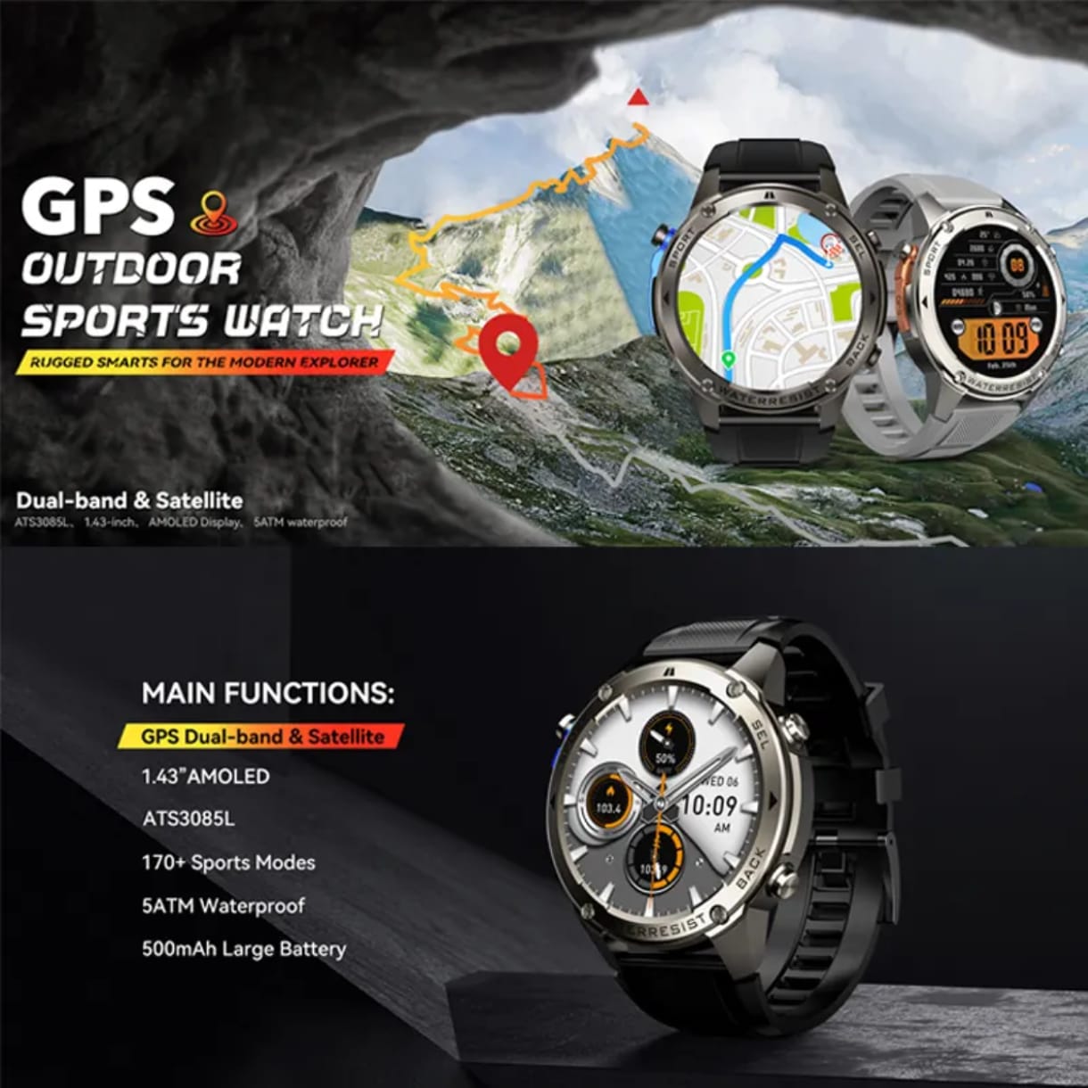 Montre connectée – Batterie Longue Durée, GPS Intégré, Résiste à 50 m de Profondeur